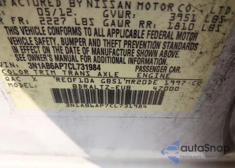 2012 Nissan Sentra 2.0 Sr from USA, damaged, VIN 3N1AB6AP7CL731984